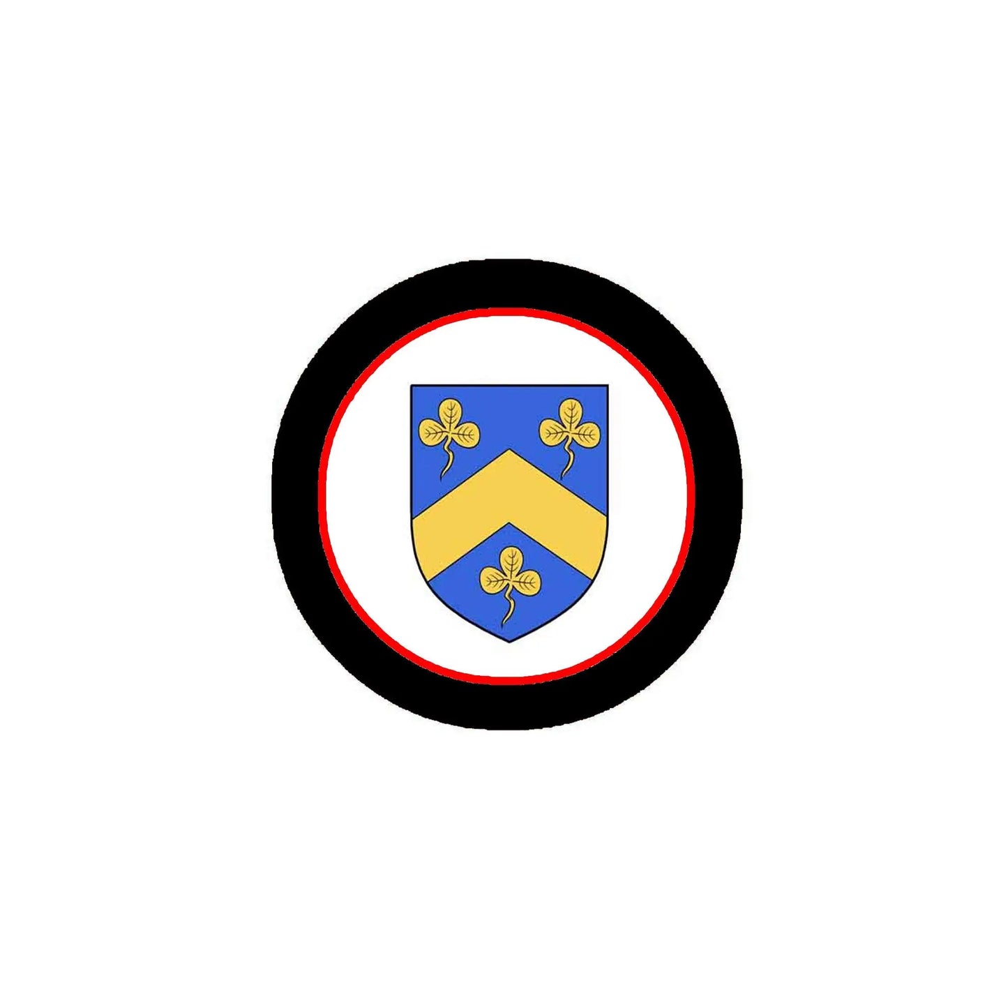 Round coat of arms pinback badge with shield in blue and gold, black ring, red edge