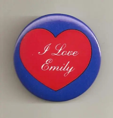 1.25-inch pinback button with red heart reading I Love Emily, blue rim