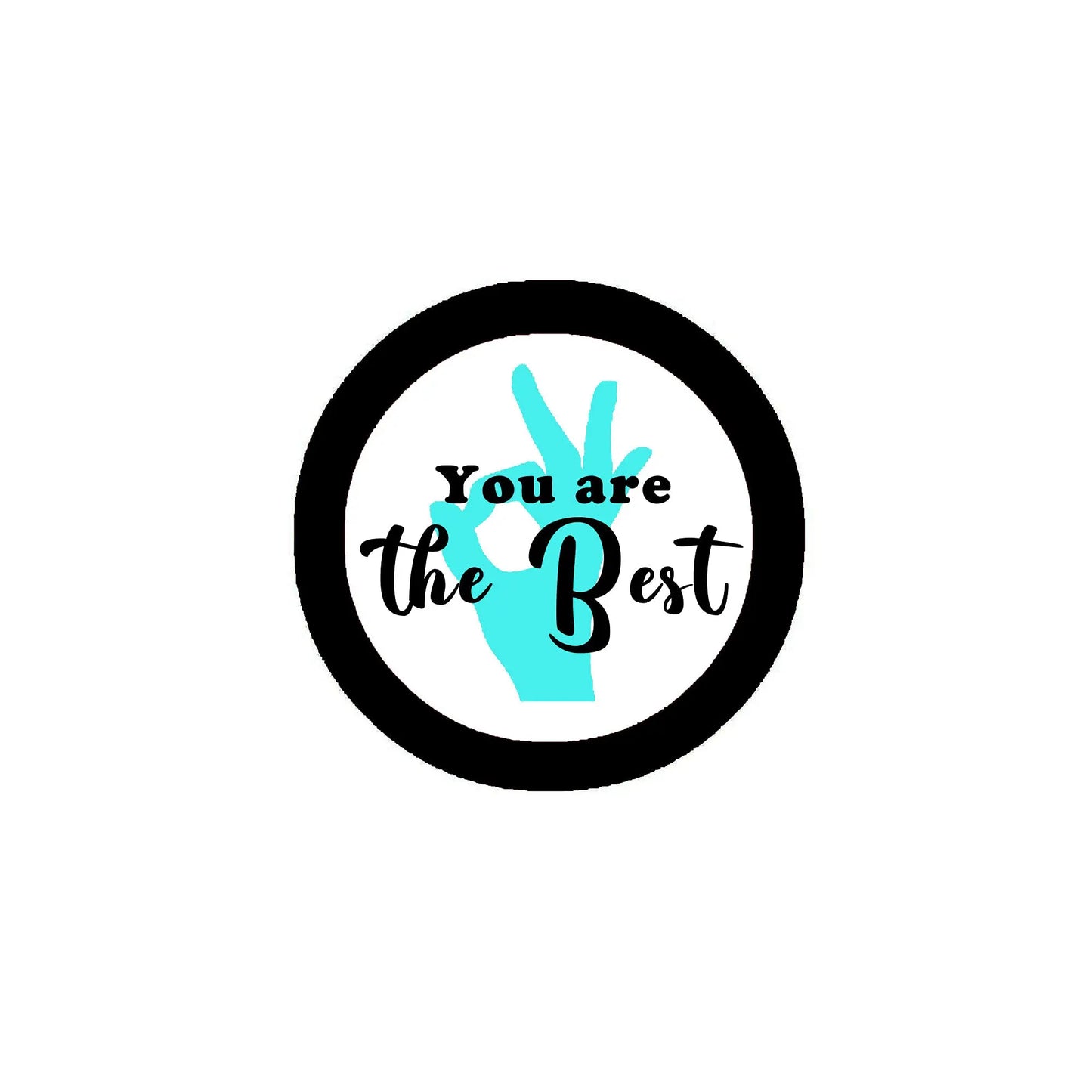 2.25-inch cyan pinback button with black rim, white center, and hand symbol