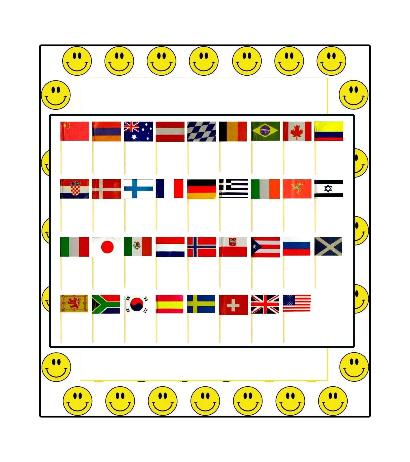 International flag cocktail picks card with mini country flags and smiley border