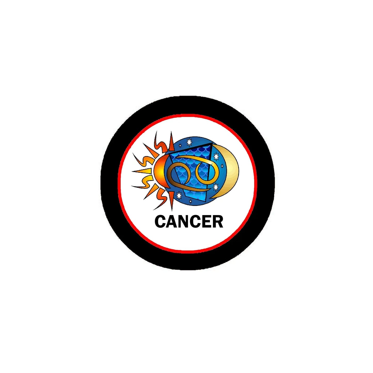 Cancer zodiac pinback button with black rim, red-white center, blue crab graphic