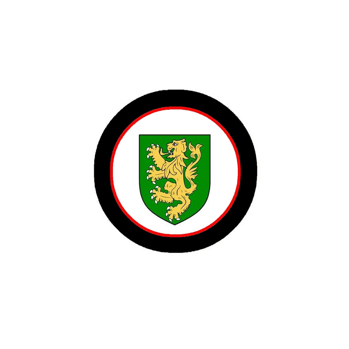 3-inch circular coat-of-arms magnet with black rim, red border, green shield center