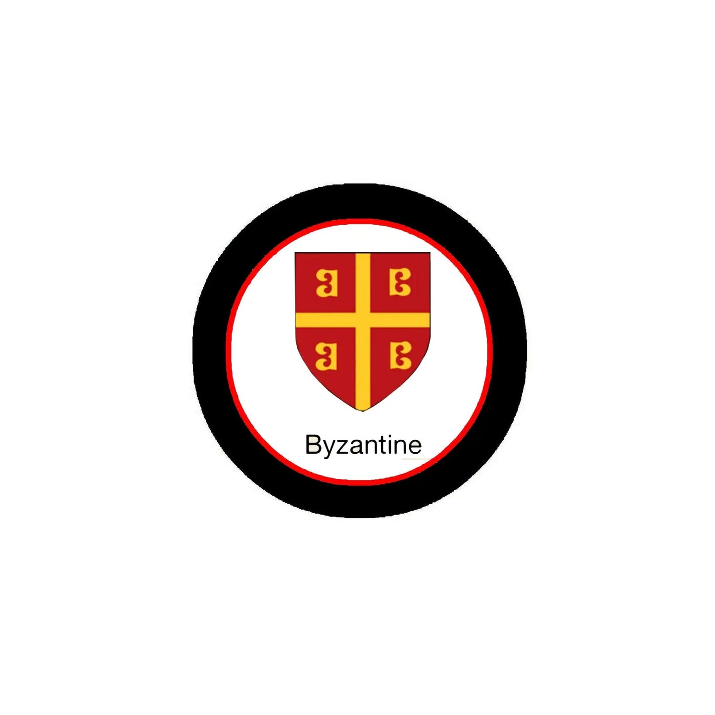 Round black-bordered Byzantine coat of arms emblem with red cross on white