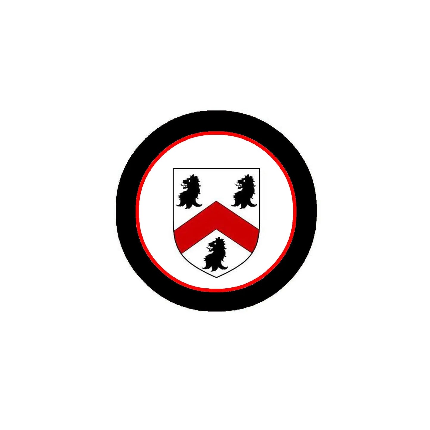 Round coat of arms magnet with black border, white shield, red base, and three black lions