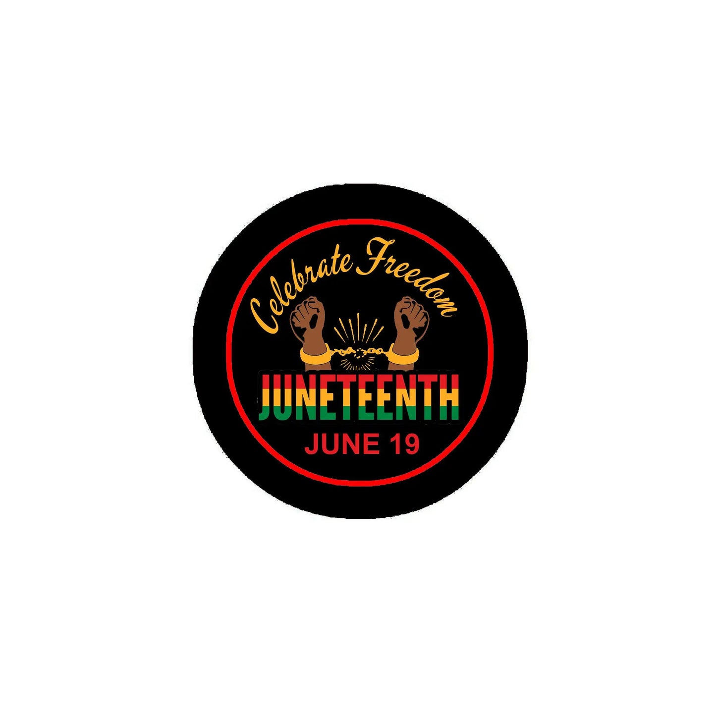 Juneteenth pinback button with black border, red text, and “Celebrate Freedom” inside