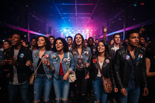 A group of young people dancing and laughing in a nightclub or party setting, wearing denim jackets and jeans with pin-back buttons featuring the Union Jack design.