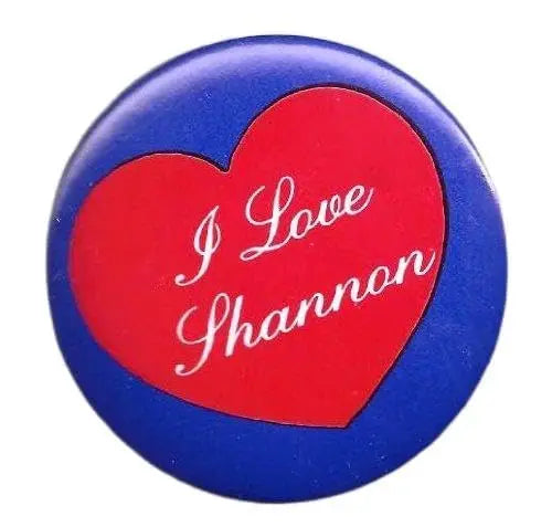 Heart-shaped pinback button, blue border with red heart reading “I Love Shannon”