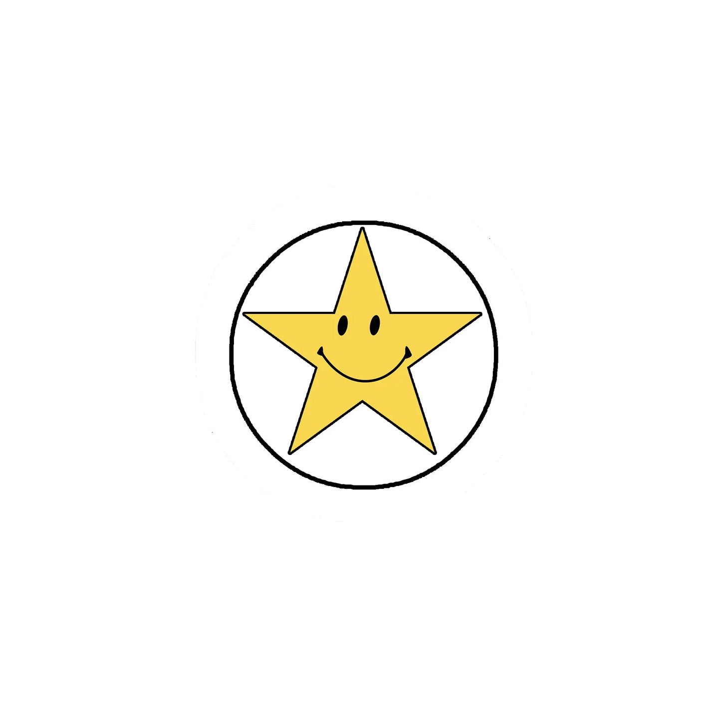 Pinback badge with yellow smiling star face in black circle