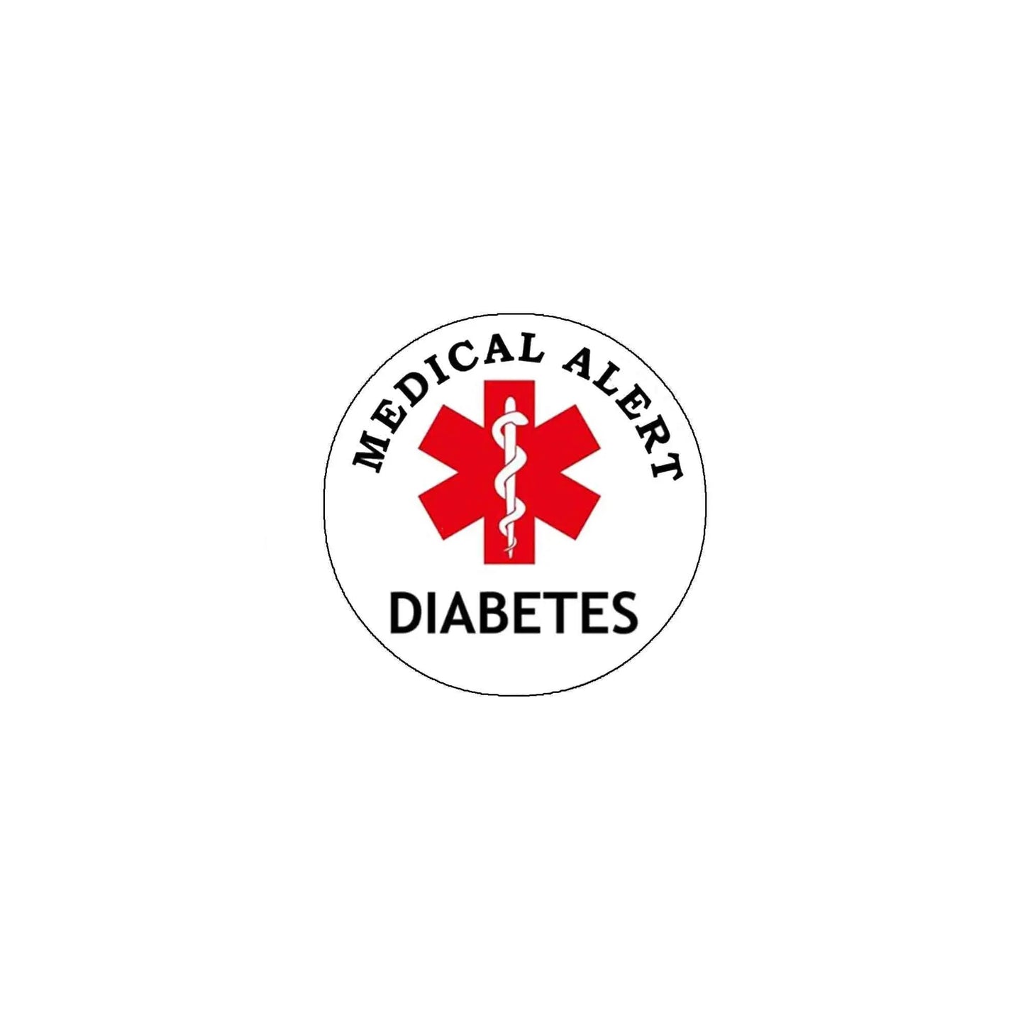 Diabetes medical alert pinback button with red caduceus and black text