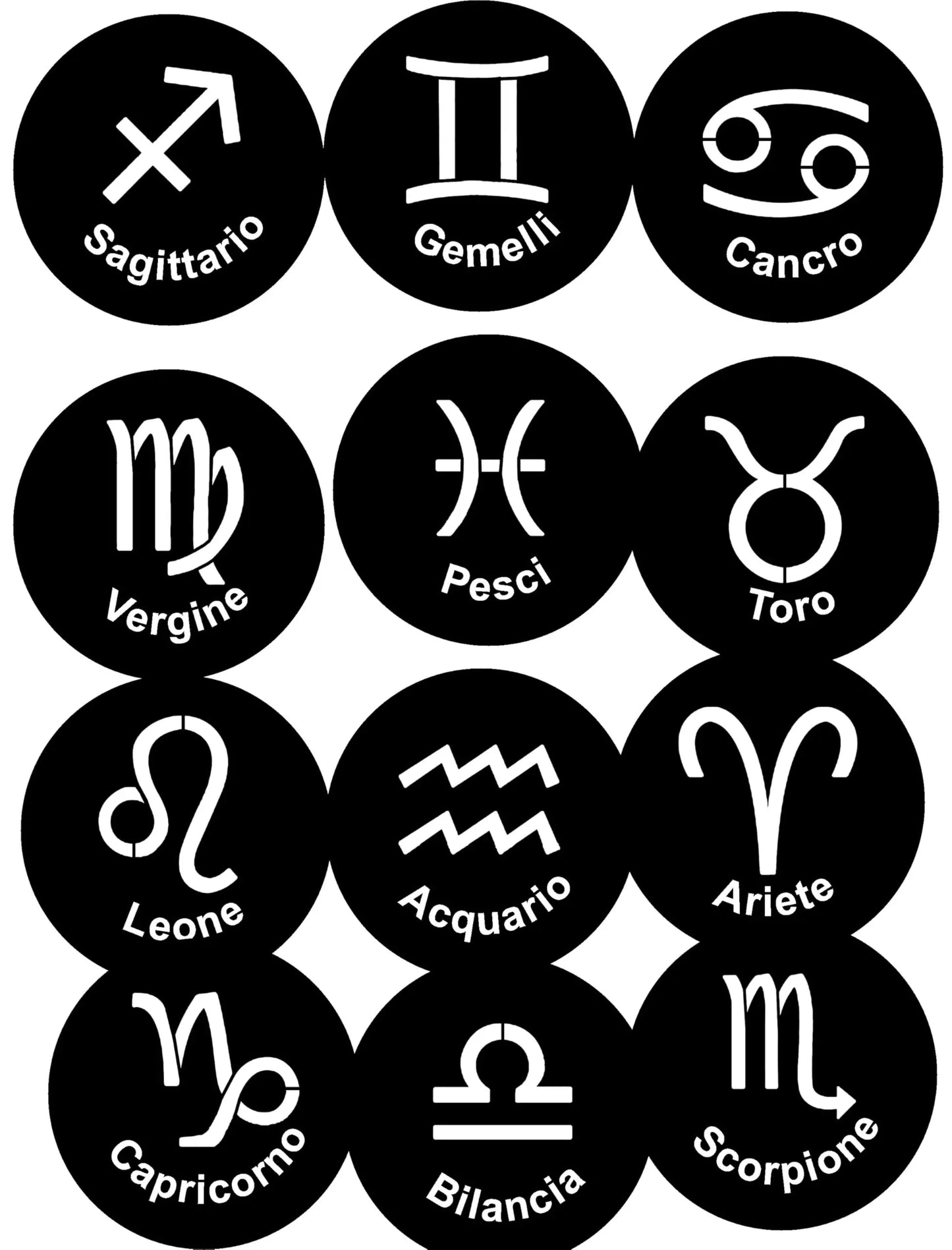 Set of 12 round zodiac astrology button pins with white symbol designs on black