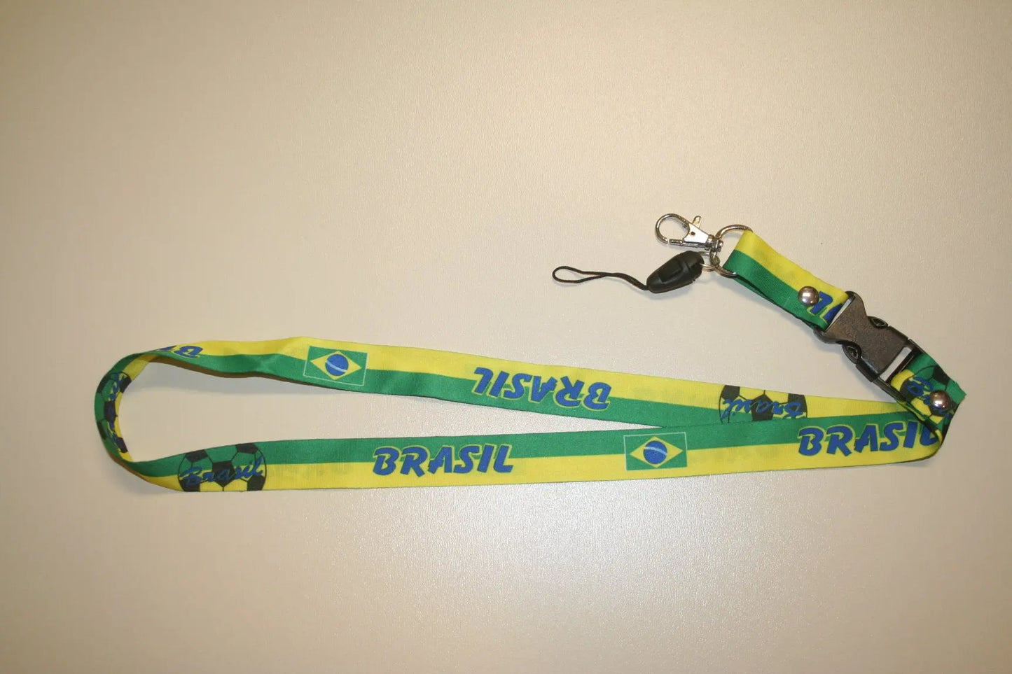 Brasil green and yellow lanyard with BRASIL text and clip, 25mm wide, 50cm length