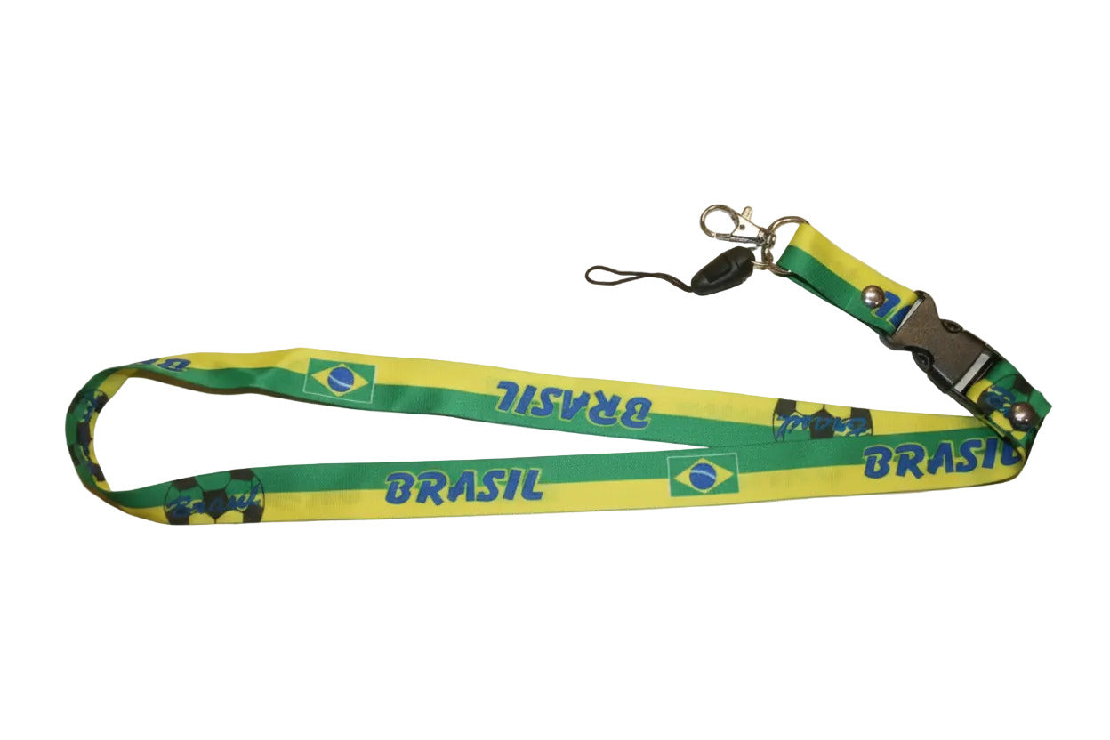 Brasil green and yellow lanyard with BRASIL text and clip, 25mm wide, 50cm length