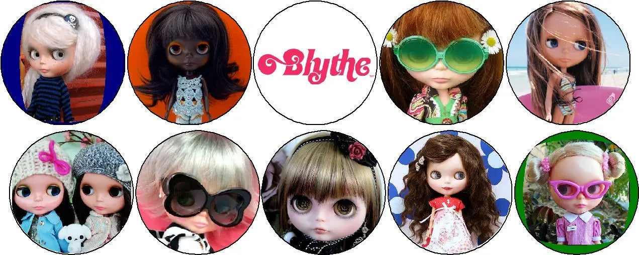 Set of 10 Blythe doll pinback buttons, circular portraits with colorful hair
