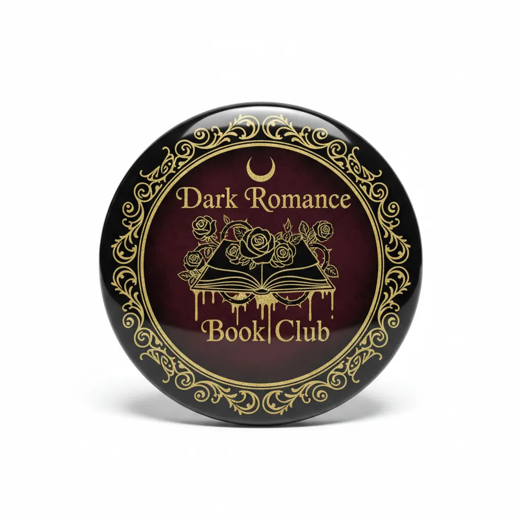 Round pinback button with black edge, gold filigree, maroon 'Dark Romance Book Club'.
