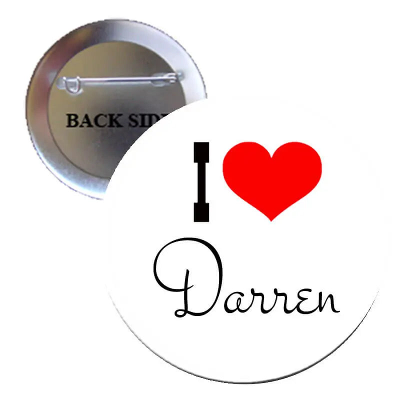 2.25-inch pinback button, red heart with 'I love Darren'