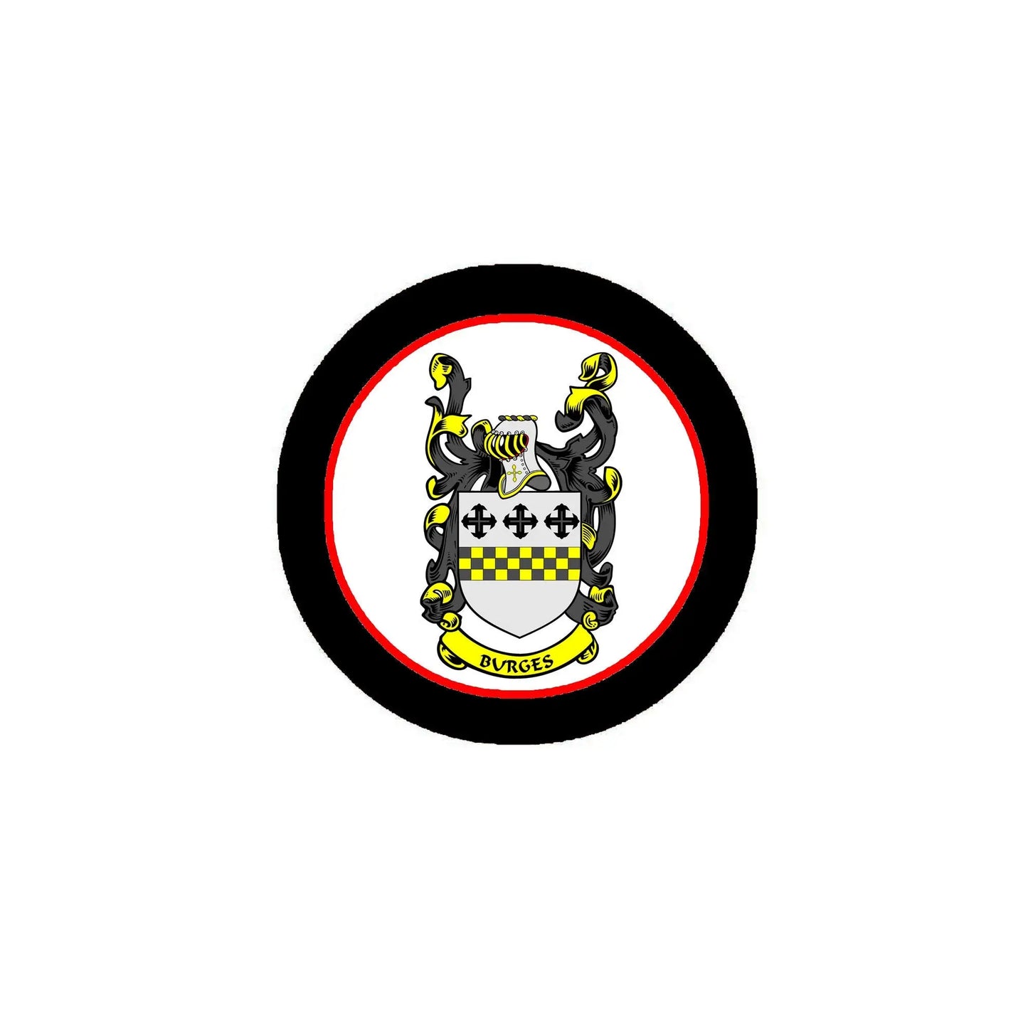 Round coat-of-arms family crest magnet with black border and red inner ring