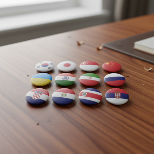 Set of 12 round enamel national flag lapel pins, assorted designs
