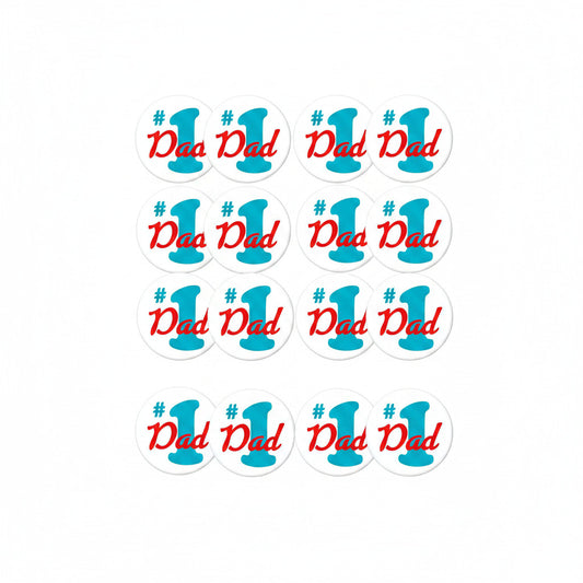 Set of 12 round #1 Dad pinback buttons, red hashtag and blue 'Dad' text