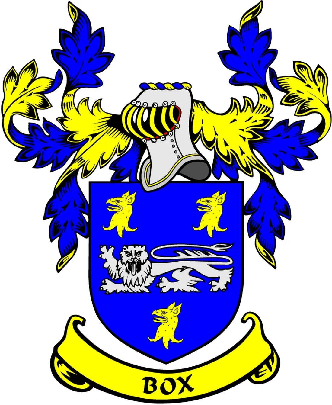 Family crest arms magnet with blue shield, gold animals, and ribbon reading “BOX”