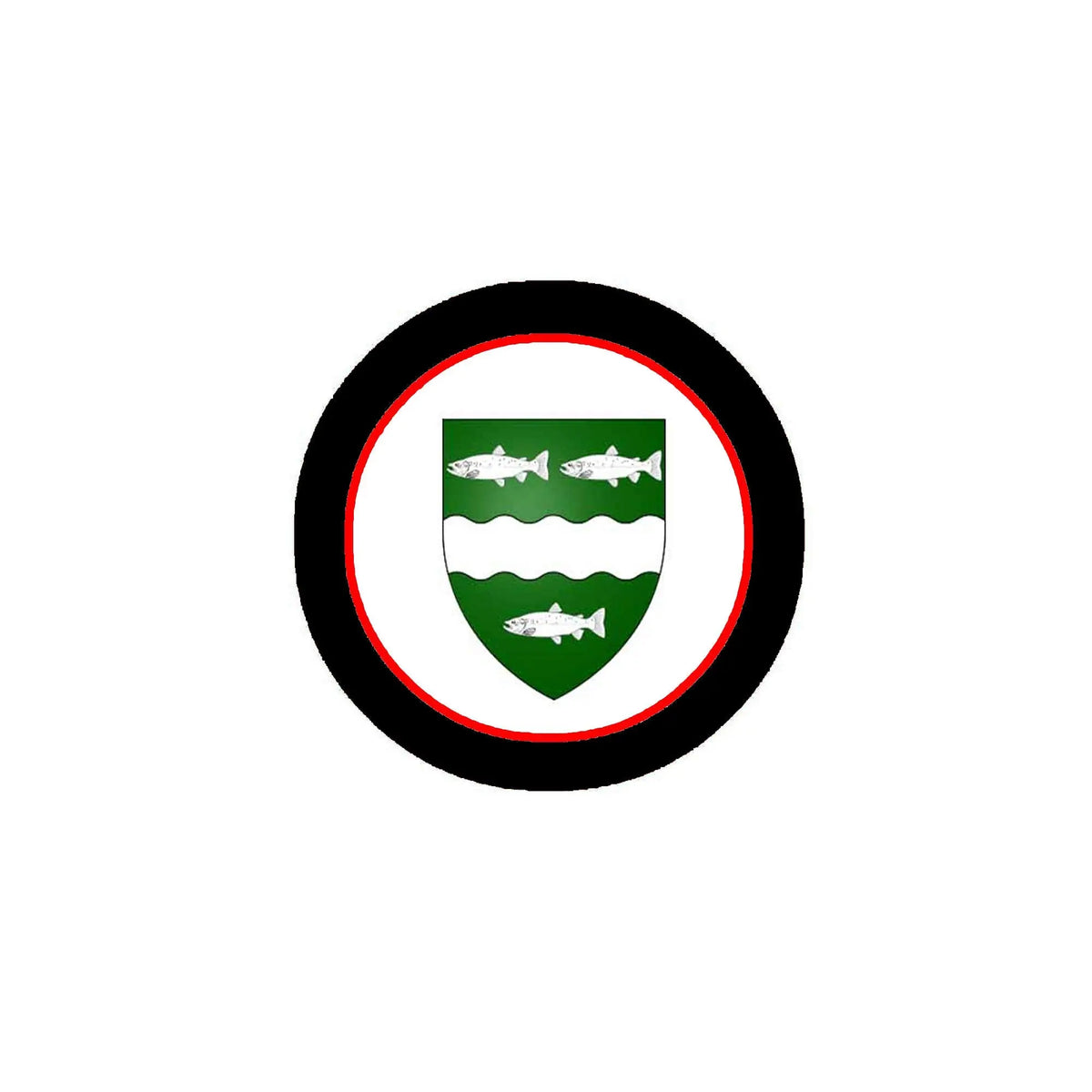 Circular coat arms magnet with black rim and green-and-white shield in red border