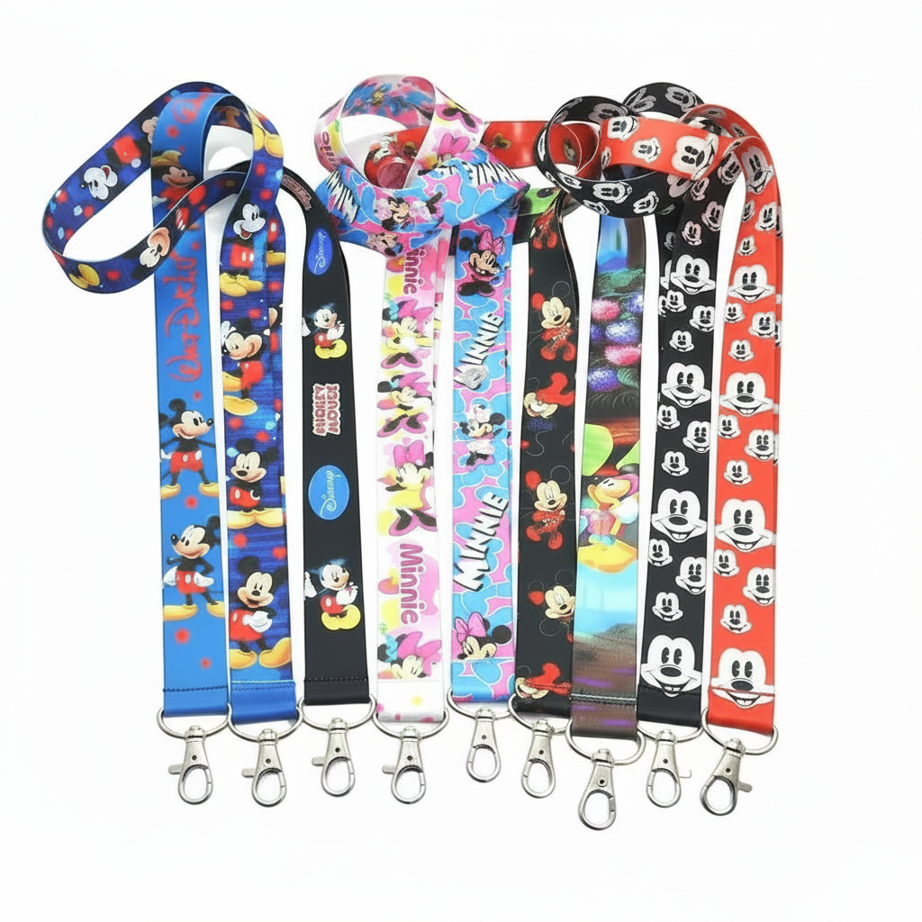 Six colorful Mickey Mouse-themed lanyards with silver metal lobster clasps, displayed side-by-side on a plain white background.