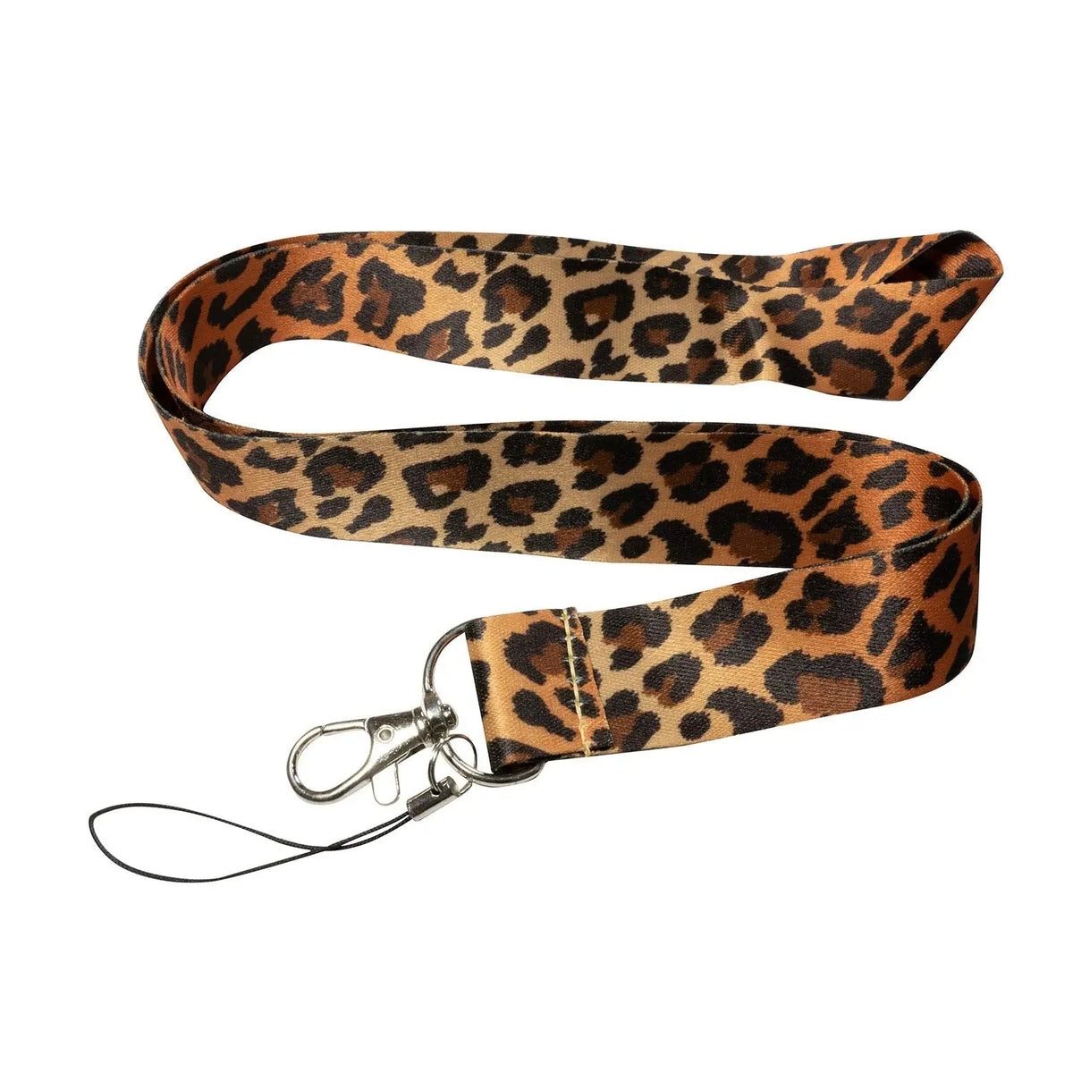 Leopard-pattern lanyard keychain badge holder with metal clasp and swivel clip
