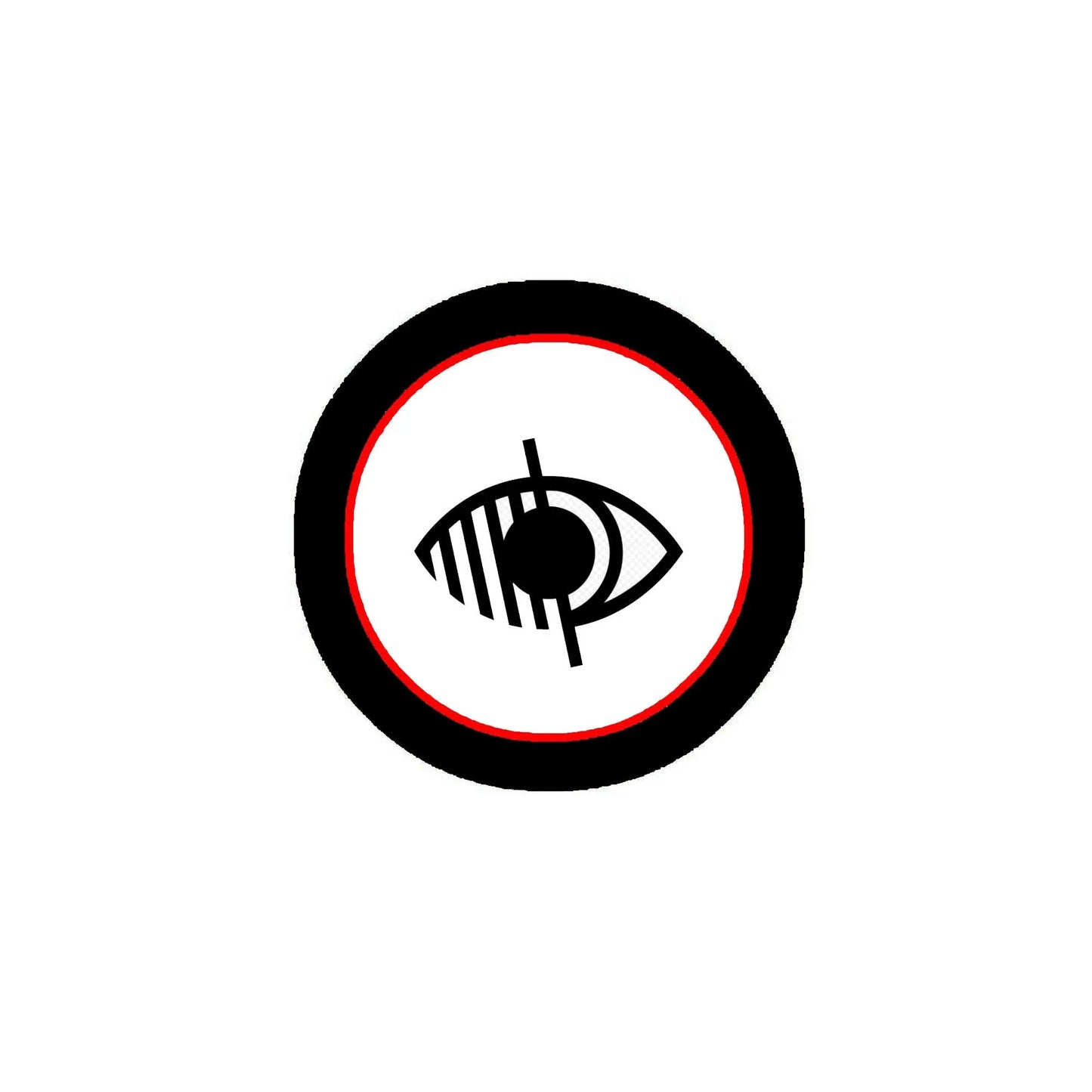 2.25-inch pinback badge with circular visual impairment symbol, black and red border