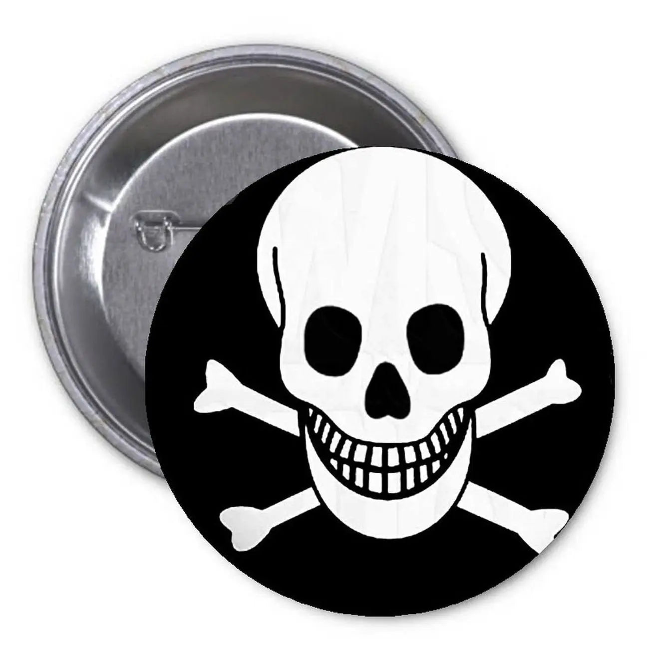 Skull and crossed bones pirate pinback button with safety pin, round metal badge