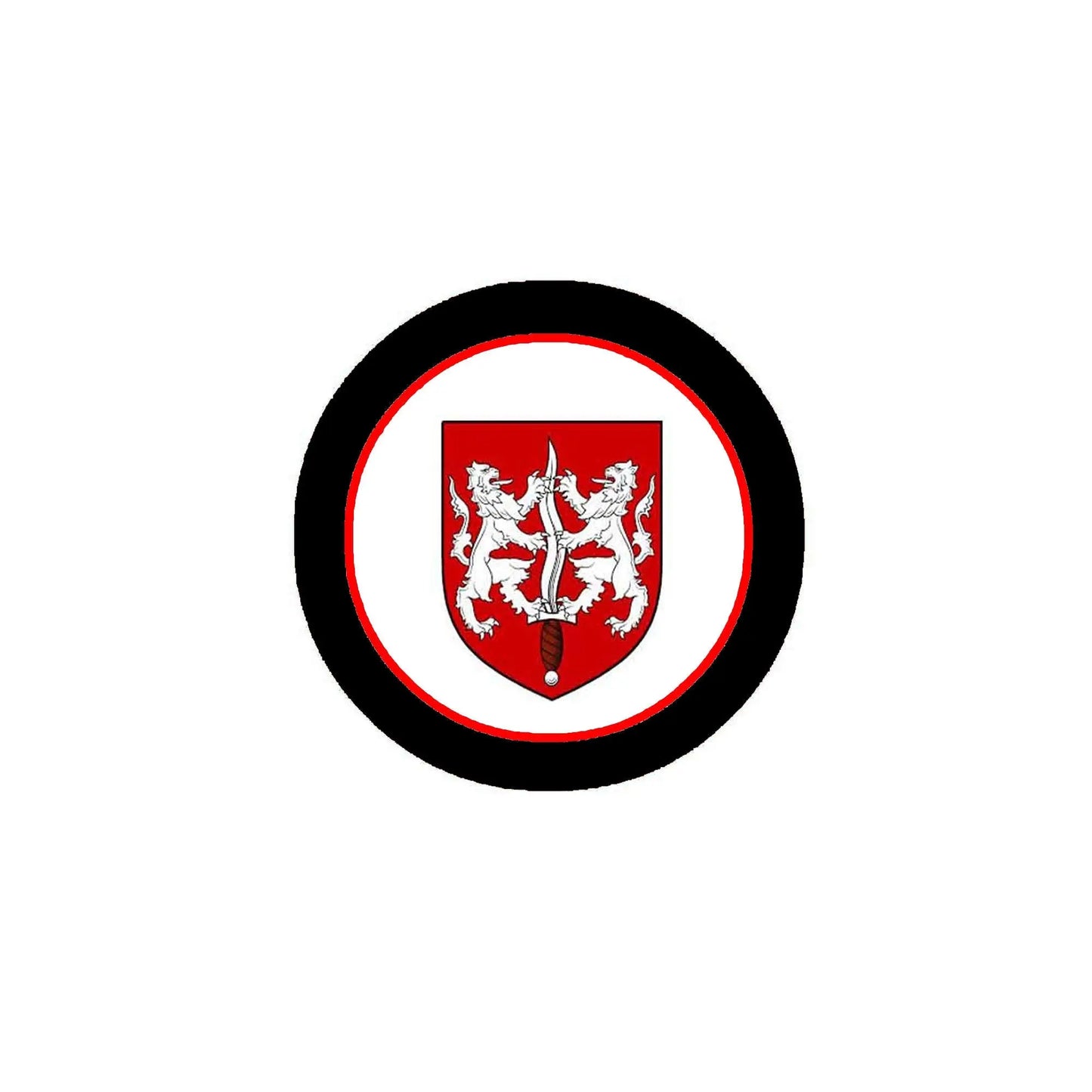 3-inch round coat of arms magnet with black rim, red shield and lions