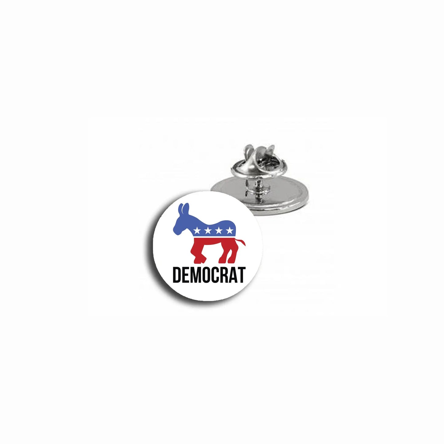 Democratic donkey lapel pin with round blue emblem and silver clasp