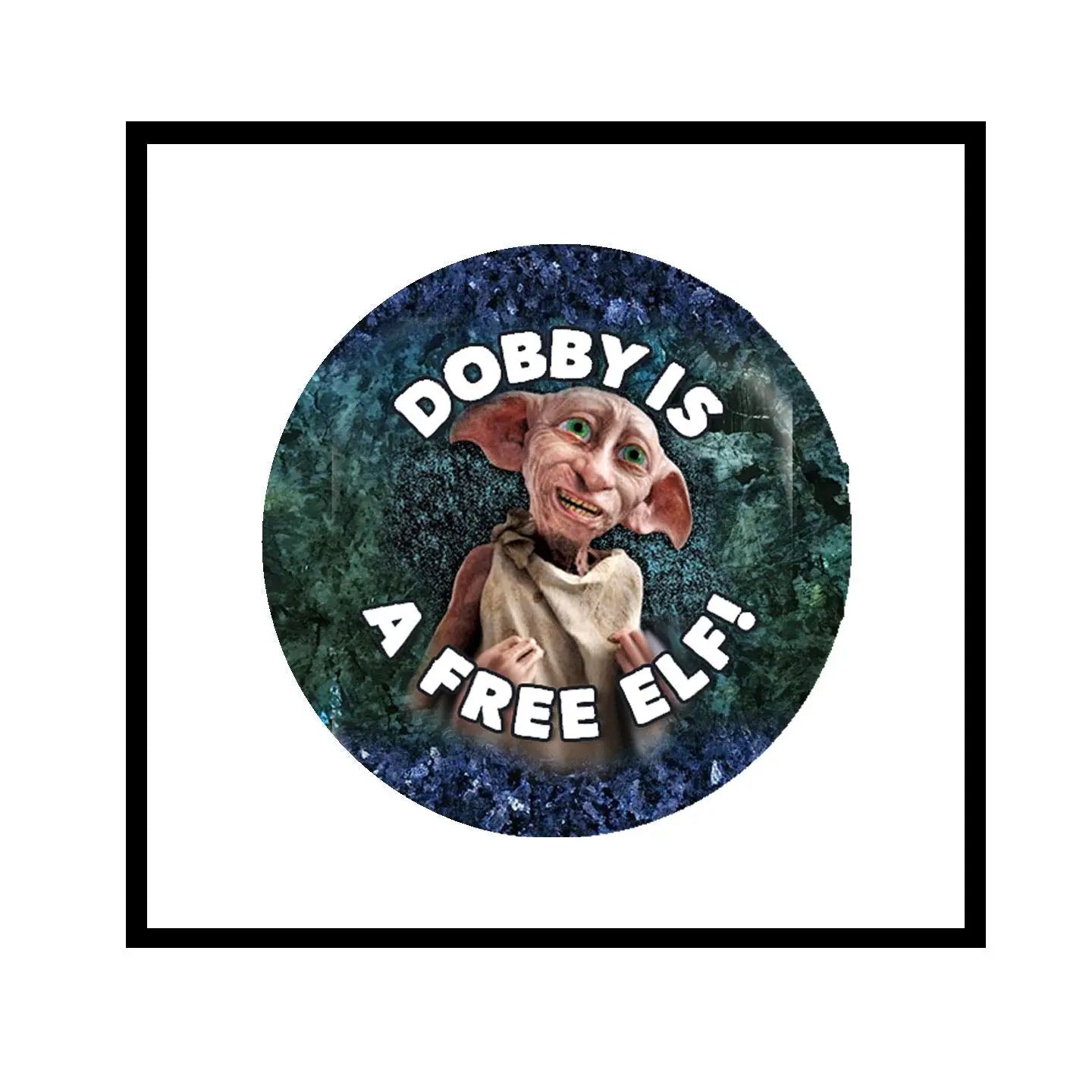 1.25-inch round pinback button with elf character and 'Dobby Is a Free Elf' text