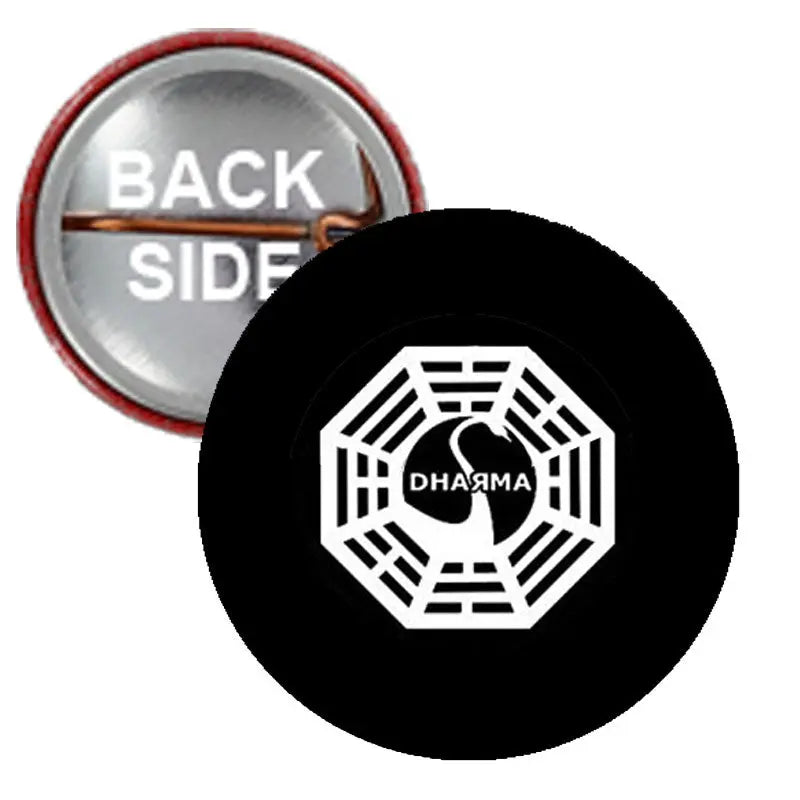 2.25-inch pinback badge with black face and white Dharma wheel symbol, silver back