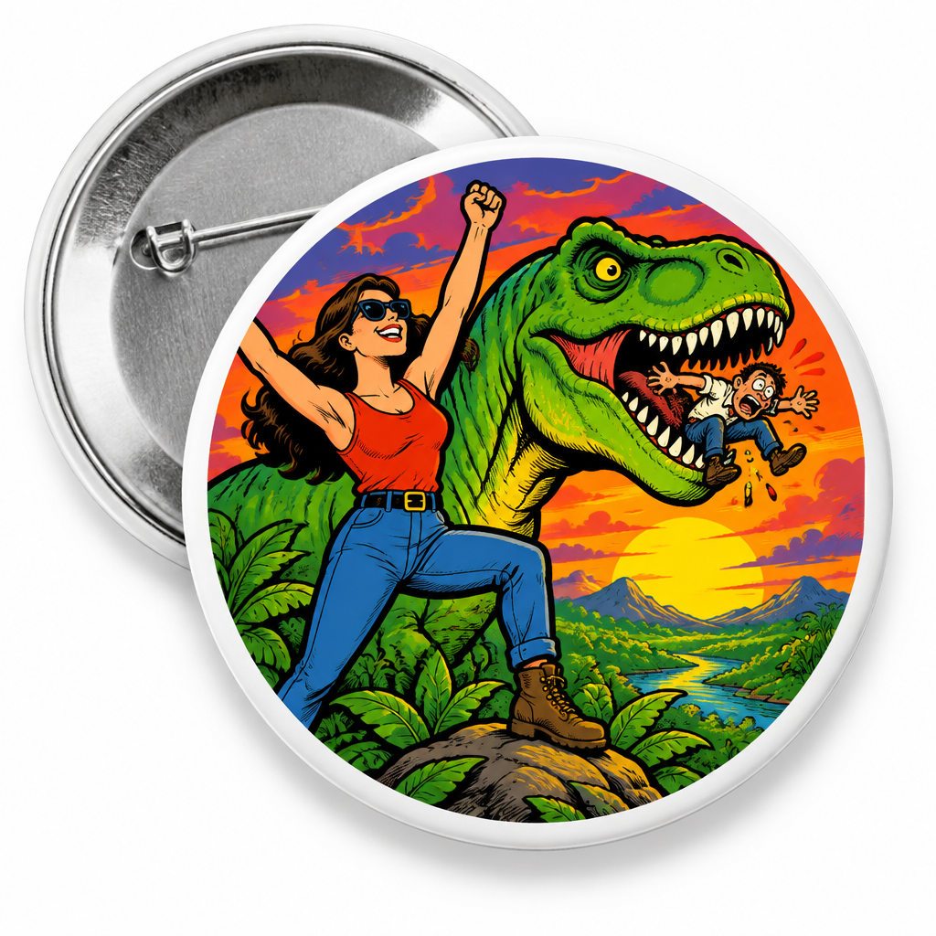 Dinosaur Eats Man, Woman Inherits the Earth Pin Button 2.25-inch