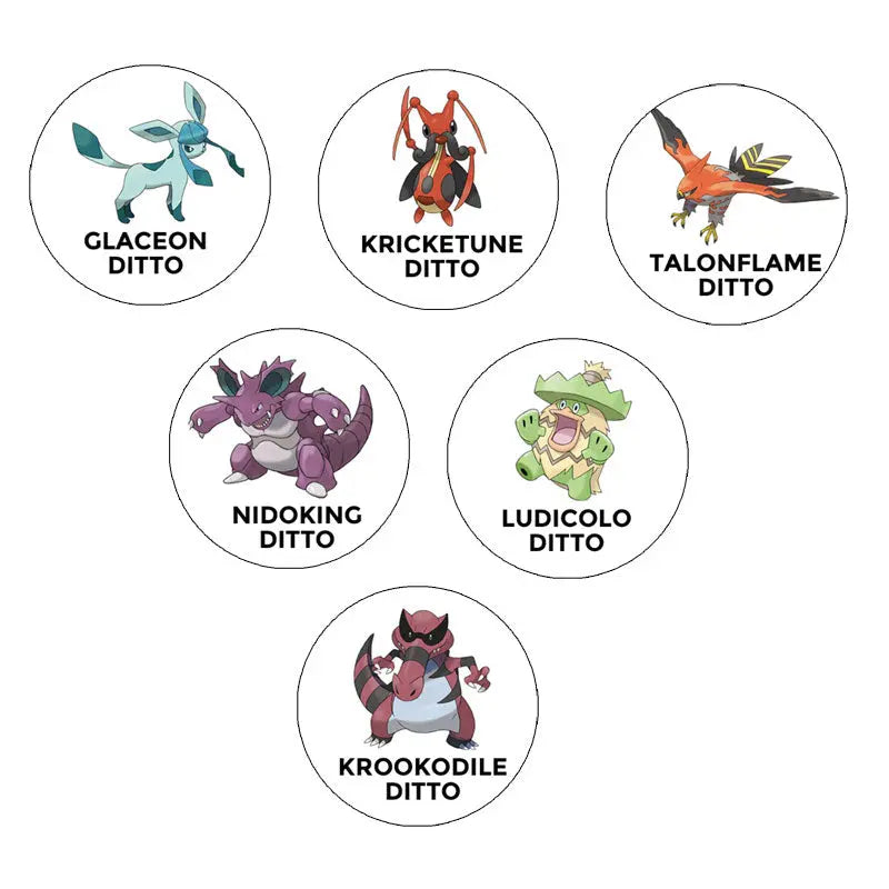 Six 1.25-inch circular pinback badges showing different Ditto variants