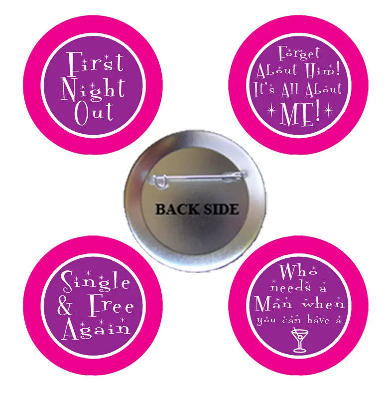 Set of four circular pinback buttons, purple magenta fronts with message text, includes back side