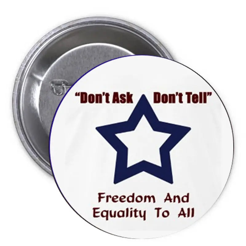 1.25-inch white pinback button with blue star and Don’t Ask Don’t Tell text