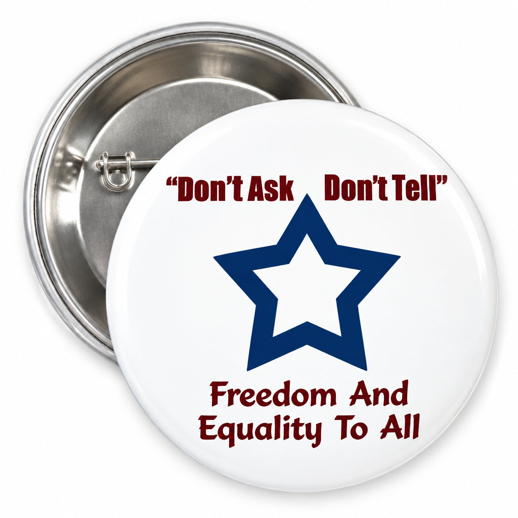 1.25-inch white pinback button with blue star and Don’t Ask Don’t Tell text