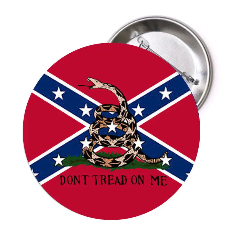 Round red-and-blue "DON'T TREAD ON ME" pinback button