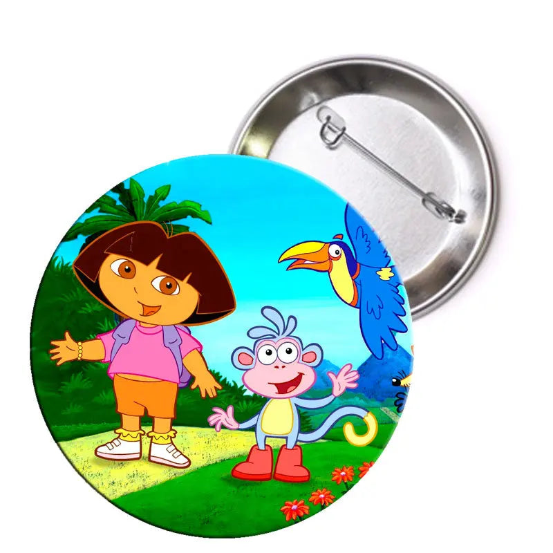2.25-inch pinback button featuring cartoon girl and parrot outdoor scene