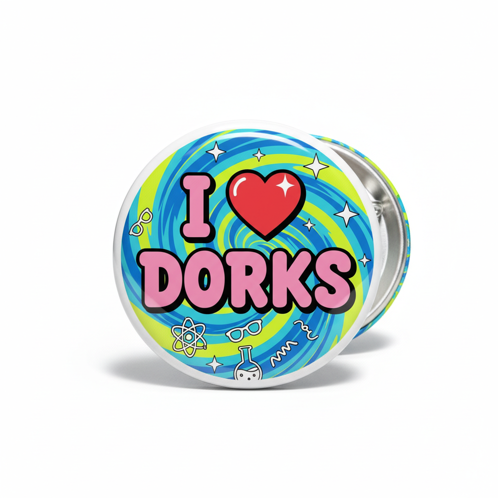 Round pinback badge with 'I ♥ Dorks' colorful design