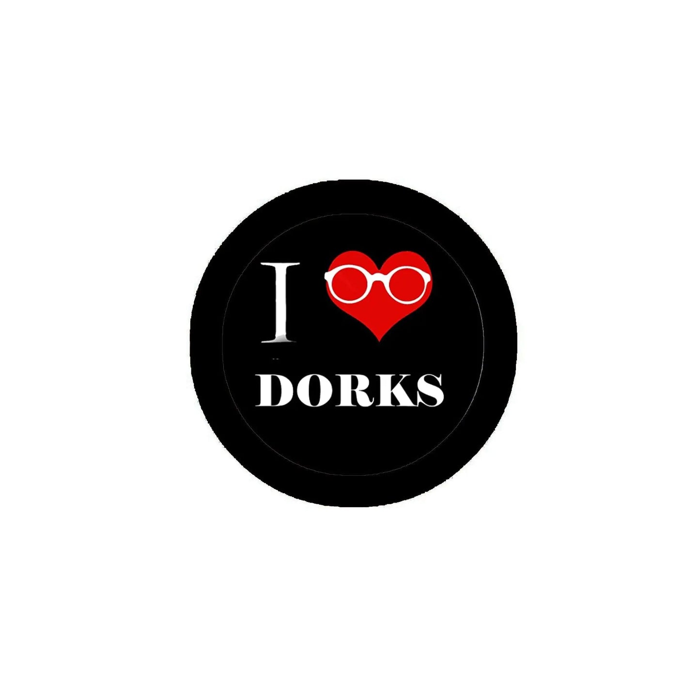 2.25-inch round pinback button, black with red heart and glasses, 'I ♥ DORKS'