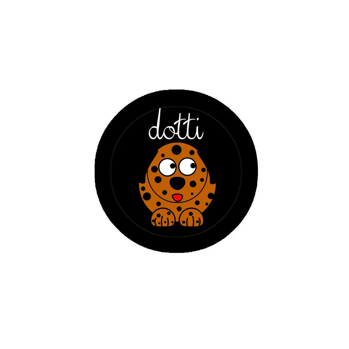 Dotti dog pinback button, round black with orange cartoon dog and 'dotti' text.