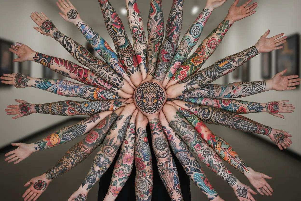 Set of temporary tattoo arm sleeves with colorful tribal and floral designs on long sleeves