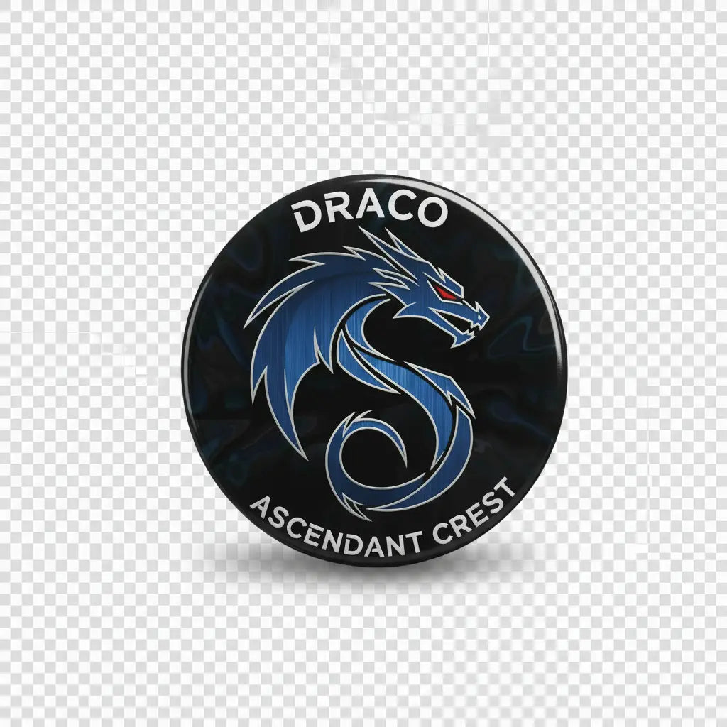 Dragon crest badge reel face, black with blue DRACO text