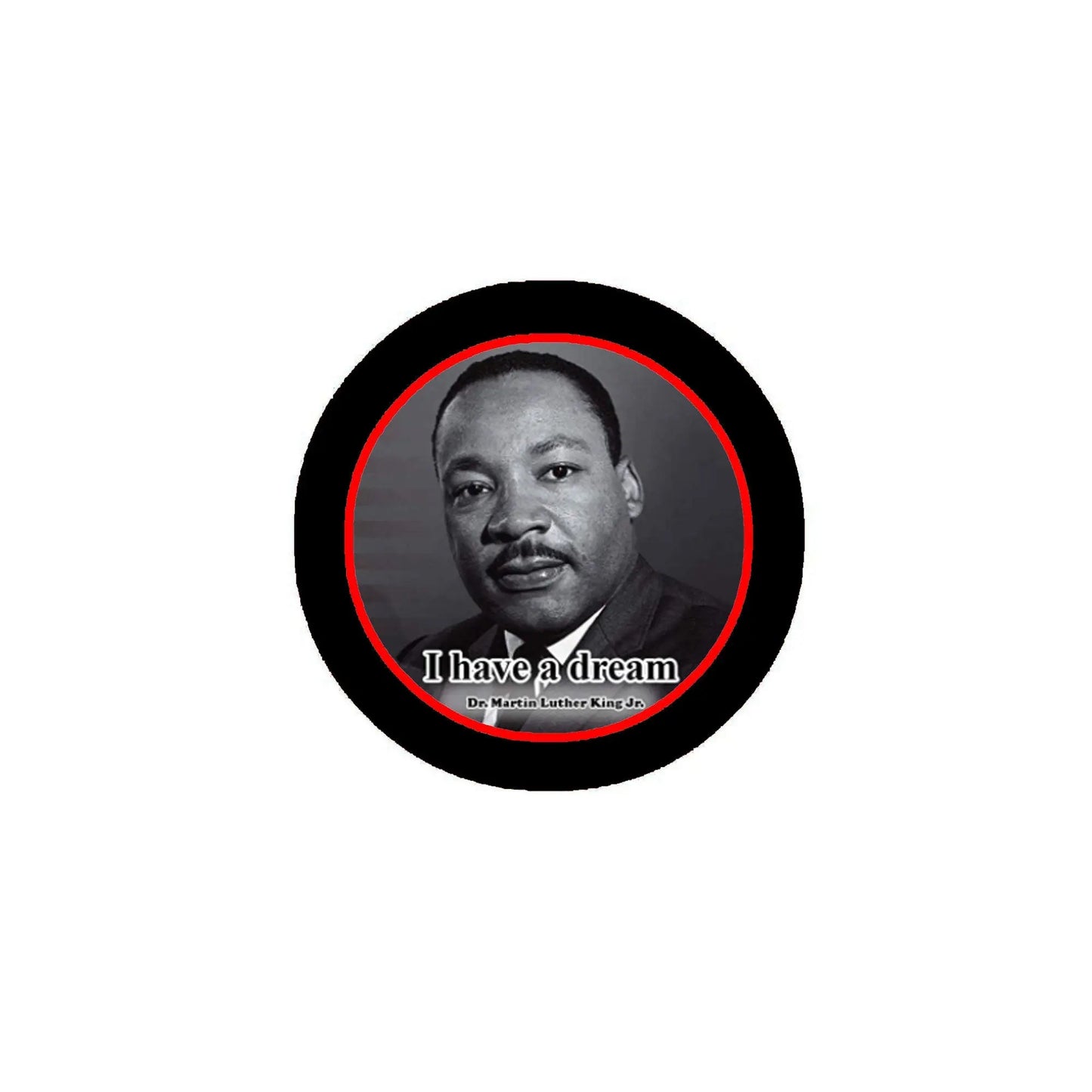 2.25-inch round pinback button, black with red border and MLK portrait, 'I have a dream'