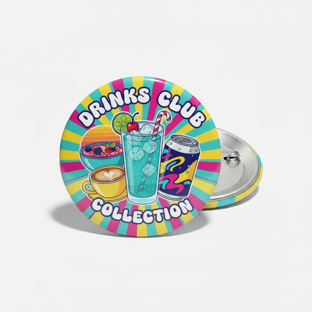 Round drinks collection magnet, colorful “Drinks Club” design with glasses and straw