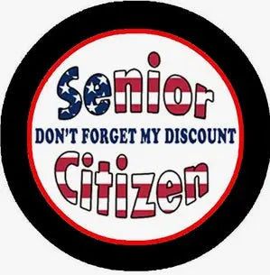 2.25-inch circular pinback button with black rim and 'Senior Citizen' joke text