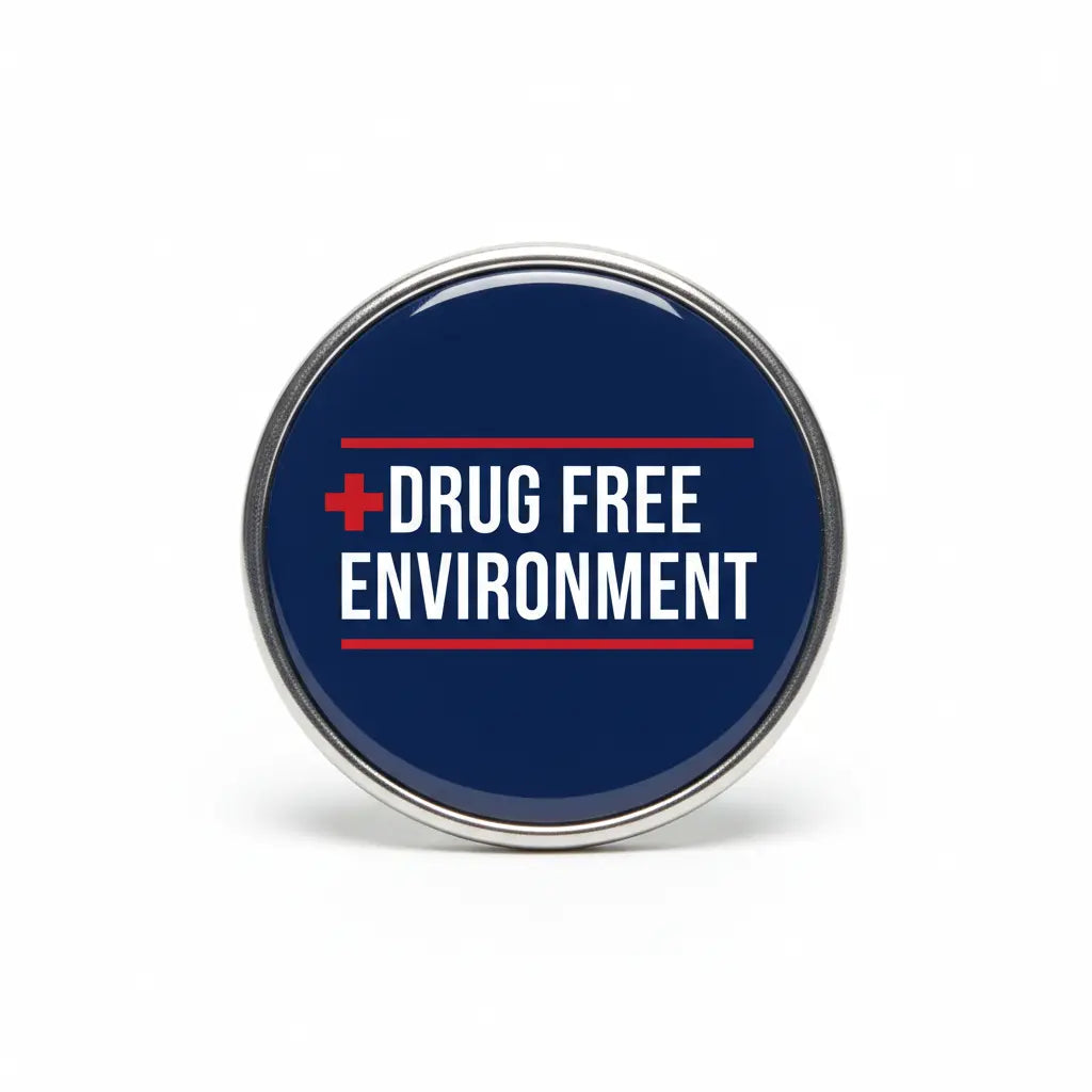 Drug Free Environment round pinback button, blue with red cross and white lettering