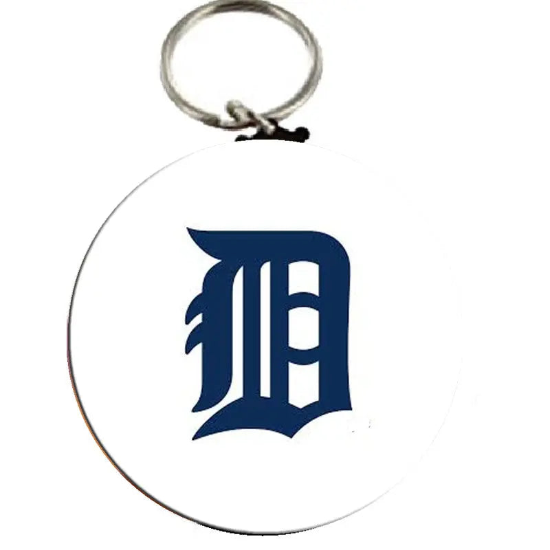 Gothic letter D bottle opener keychain with round metal ring and blue D emblem