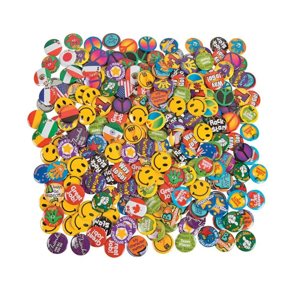 Assorted colorful round smiley character pin buttons, multiple styles for crafts